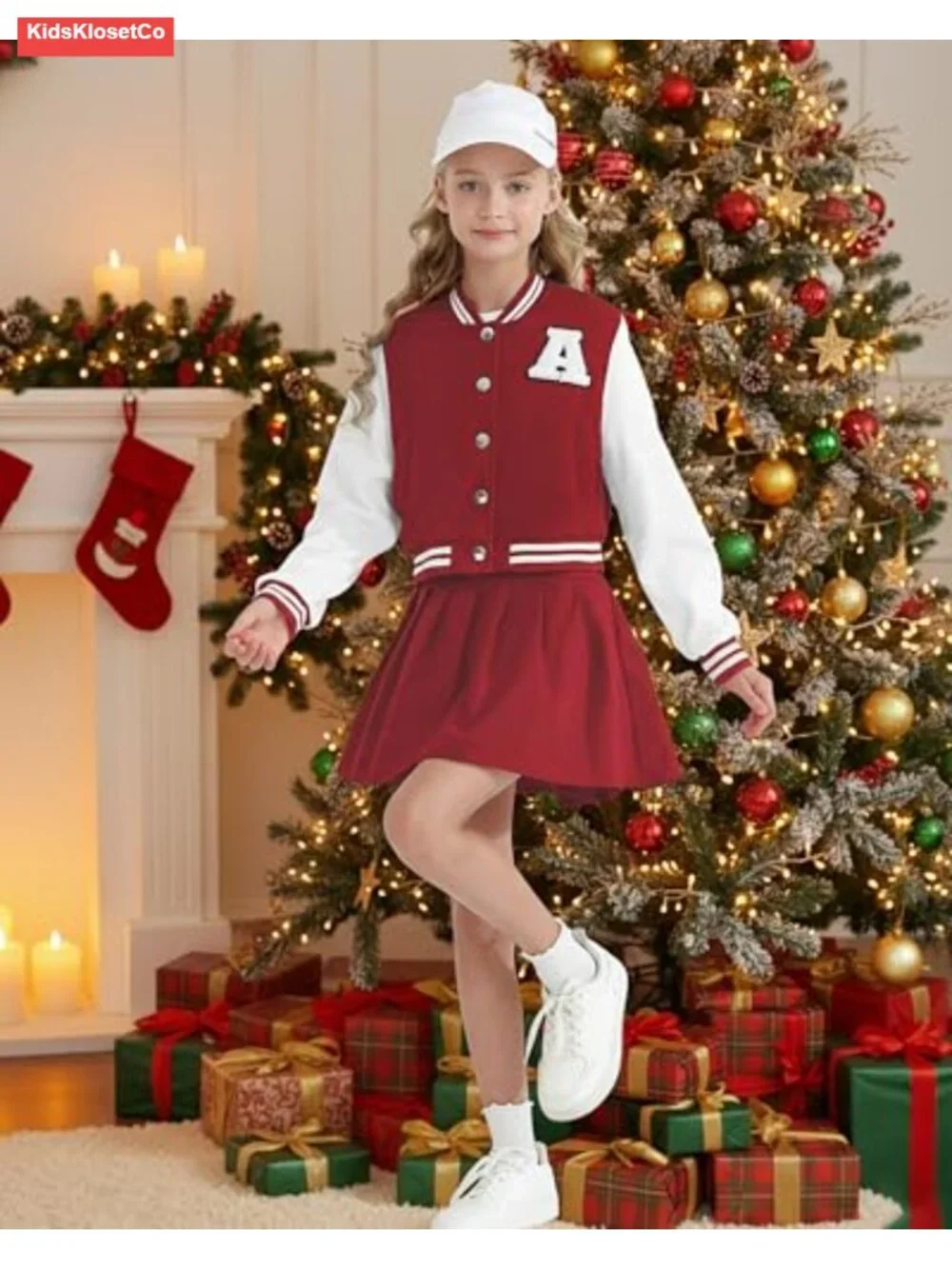Girls 2 Piece Pleated Skirt Set Long Sleeve Sweatshirt with Buckle